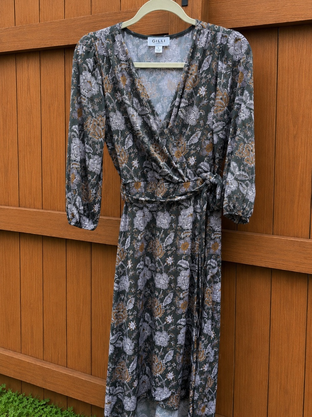Gilli Black Floral Wrap Maxi Dress with Gold Accents